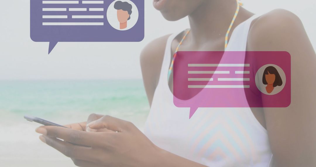 Person Texting on Smartphone with Beach Background and Online Chats
