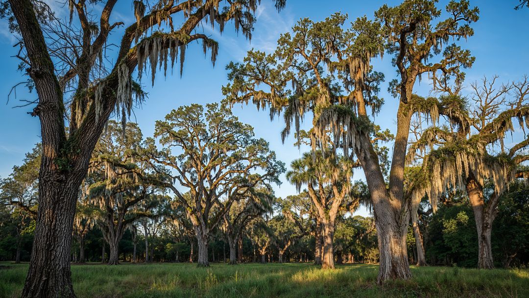 Serenity in Oak Tree Meadow with Spanish Moss at Sunset