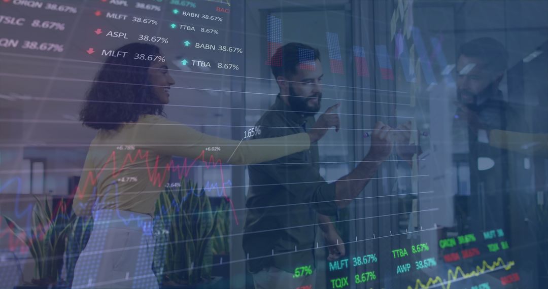 Innovative Team Analyzing Financial Data on Digital Screen