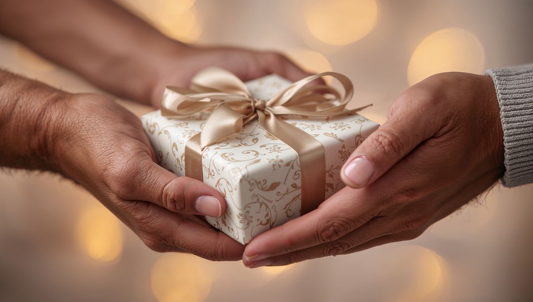 Passing elegant wrapped gift between adult hands with satin ribbon and warm bokeh lights