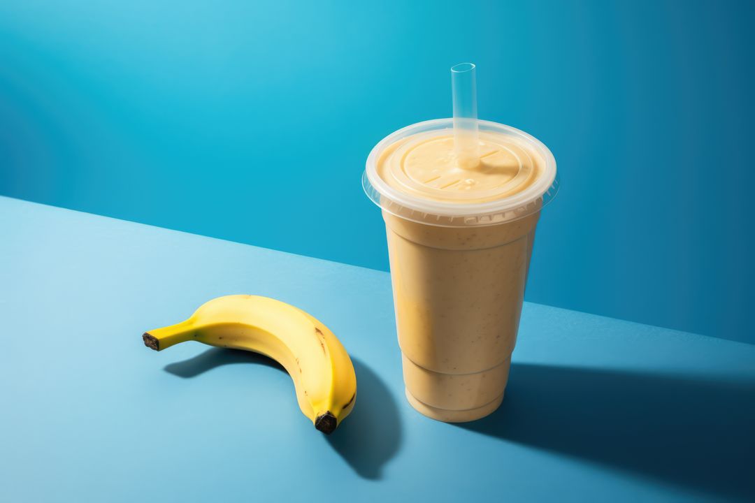 Banana smoothie and banana on blue background, created using generative ai technology - Free Images, Stock Photos and Pictures on Pikwizard.com