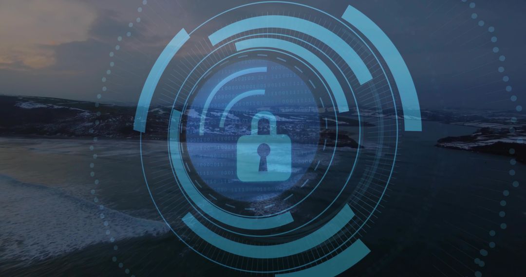 Digital Lock Icon on Coastal Sunset with Technology Interface