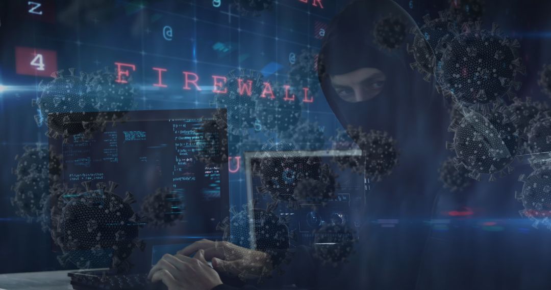 Hacker in Dark Room Amid Digital Security Threat Graphics