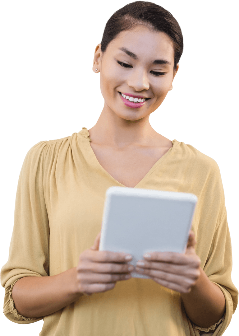 Transparent Background Smiling Woman Using Digital Tablet