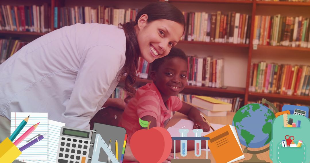 Smiling Teacher with Student in Library Celebrating National Teacher Day