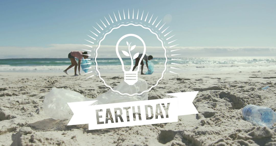 Volunteers Collecting Beach Plastic for Earth Day Cleanup with Eco Lightbulb Graphic