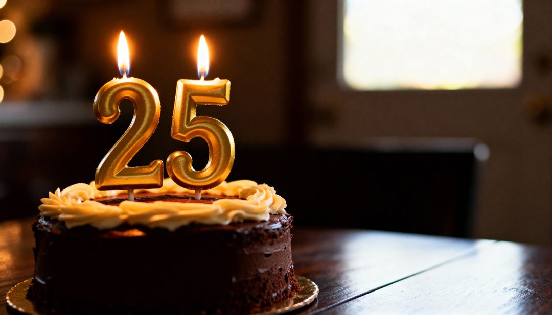Celebrating 25 with Golden Candles on Chocolate Layer Cake and Cream Frosting, Cozy Glow