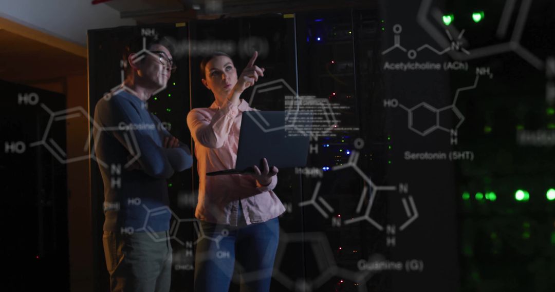 Diverse Team Working in Server Room with Chemical Data Overlay