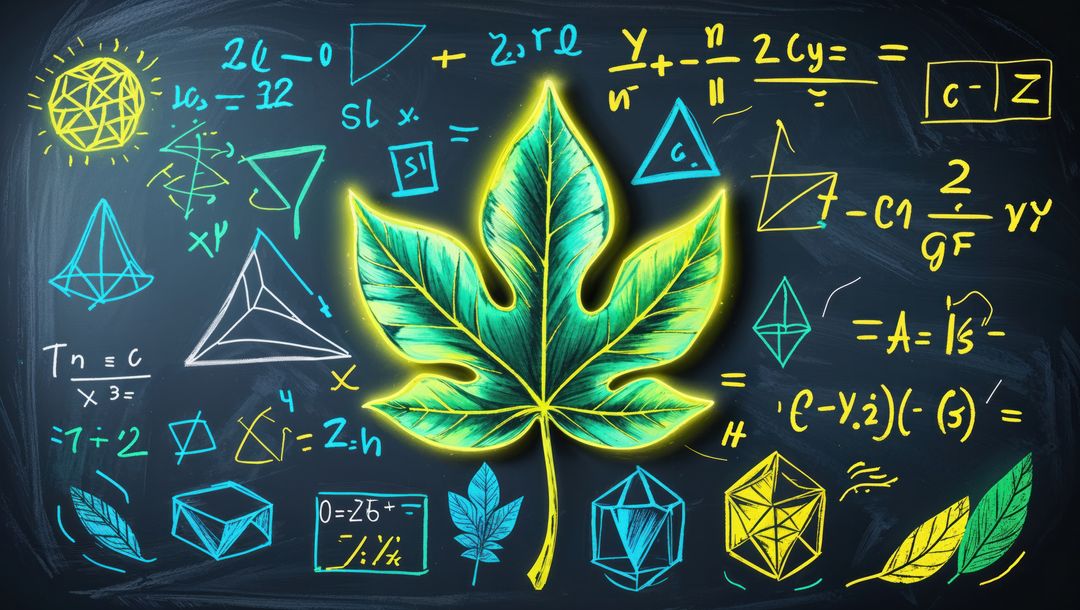 Glowing Leaf with Neon Geometric Symbols on Chalkboard