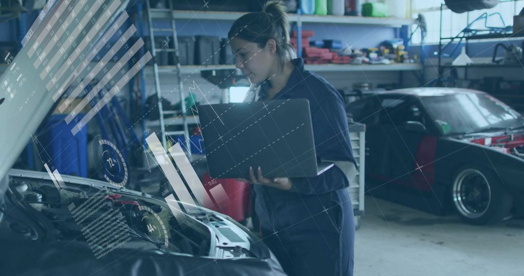 Female Auto Technician Using Laptop for Engine Diagnostics with Augmented Reality HUD