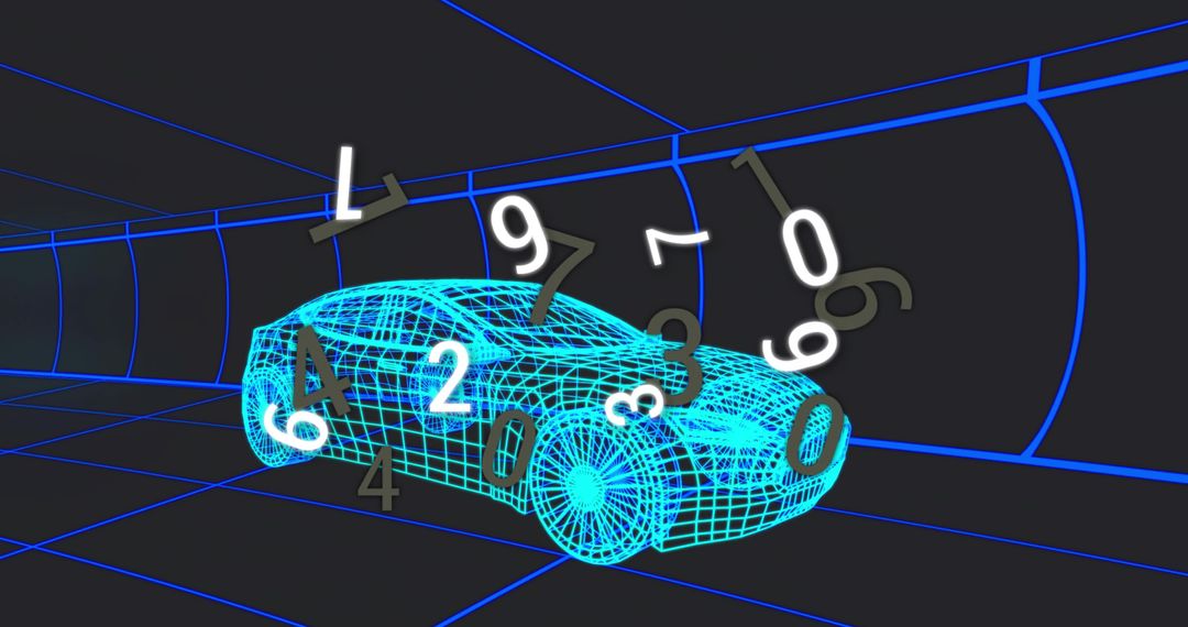 Futuristic Neon Wireframe Car with Floating Numbers in Digital Tunnel