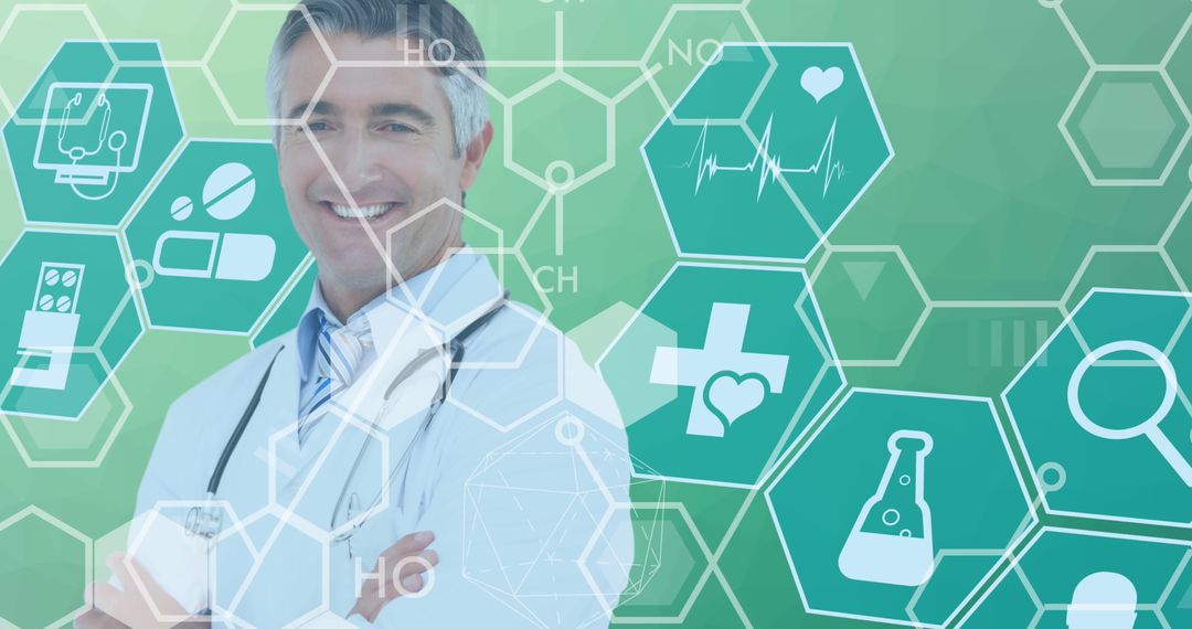 Confident Doctor with Stethoscope Surrounded by Medical Technology Icons