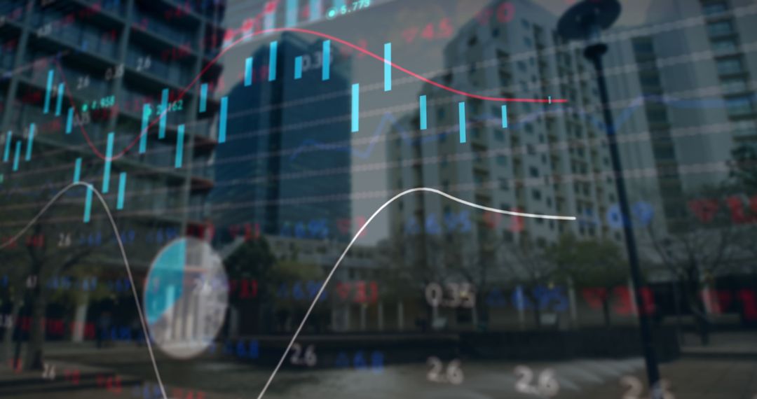 Data Visualization Over Urban Cityscape Indicating Global Finance Trends