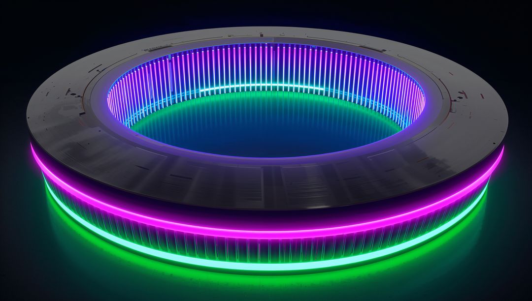 Neon Toroidal Ring with LED Fins and Symmetric Glow for Futuristic Tech Design