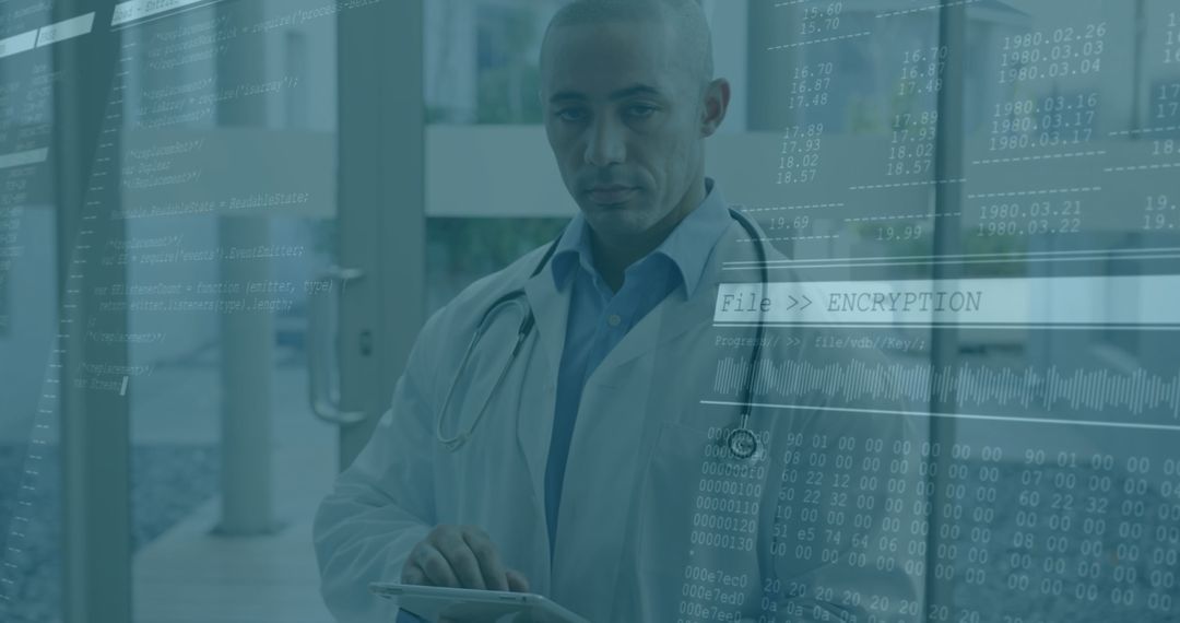 Doctor Analyzing Digital Security Data on Tablet