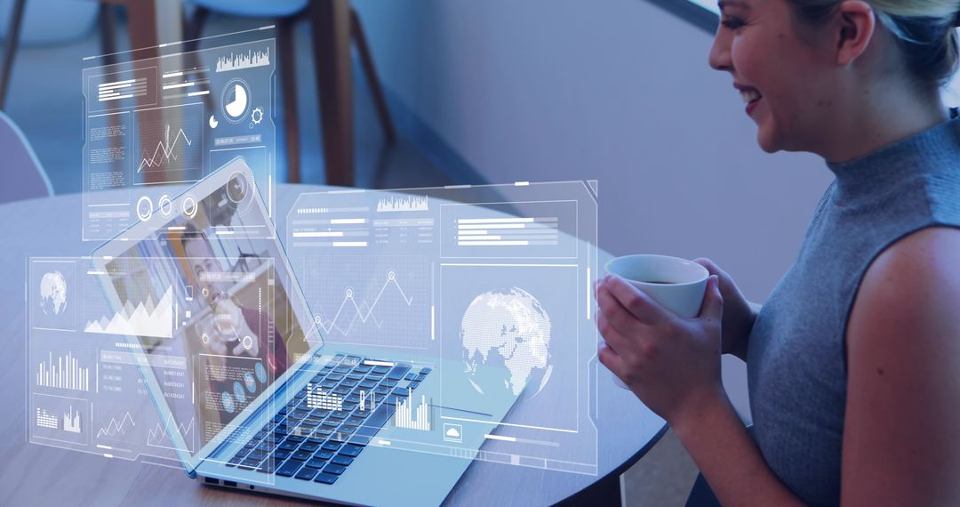 Businesswoman Analyzing Financial Data with Virtual Screen