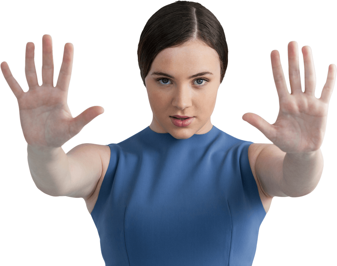 Transparent Young Woman Gesture Hands Forward 3D Representation