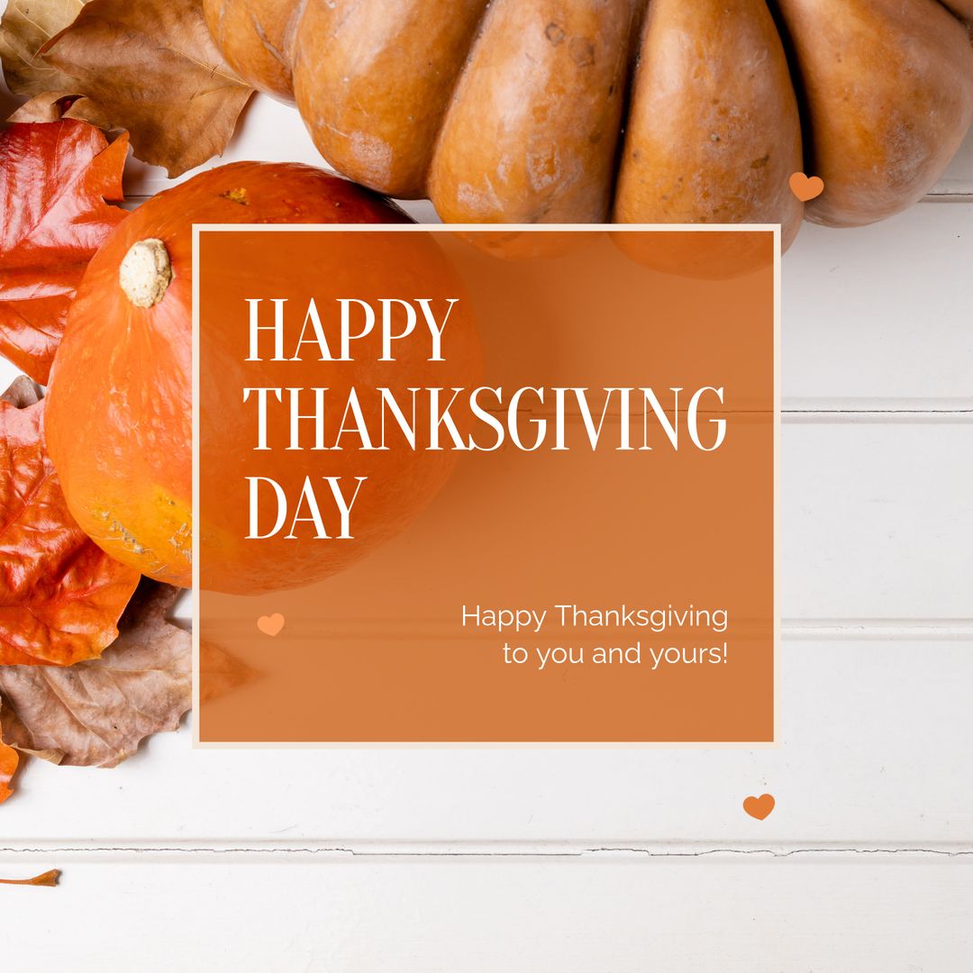 Thanksgiving Greeting Card with Pumpkins and Autumn Leaves