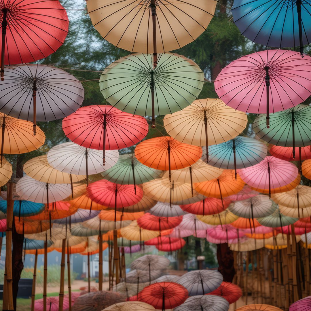 Colourful chinese umbrellas hanging in nature, created using generative ai technology - Free Images, Stock Photos and Pictures on Pikwizard.com