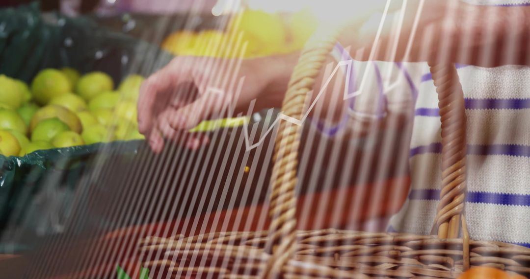 Man Selecting Apples at Grocery Produce Stand with Wicker Basket
