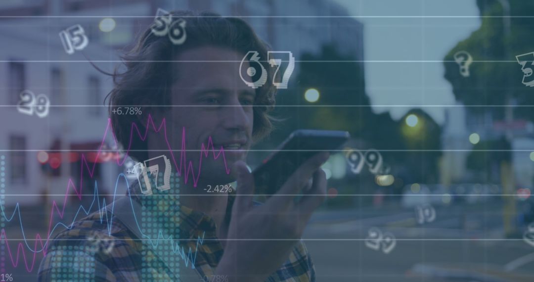 Digital Data Processing Overlay with Caucasian Man Using Smartphone