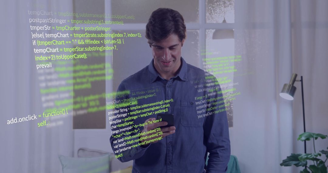 Man Interacting with Holographic Code Display in Contemporary Living Room