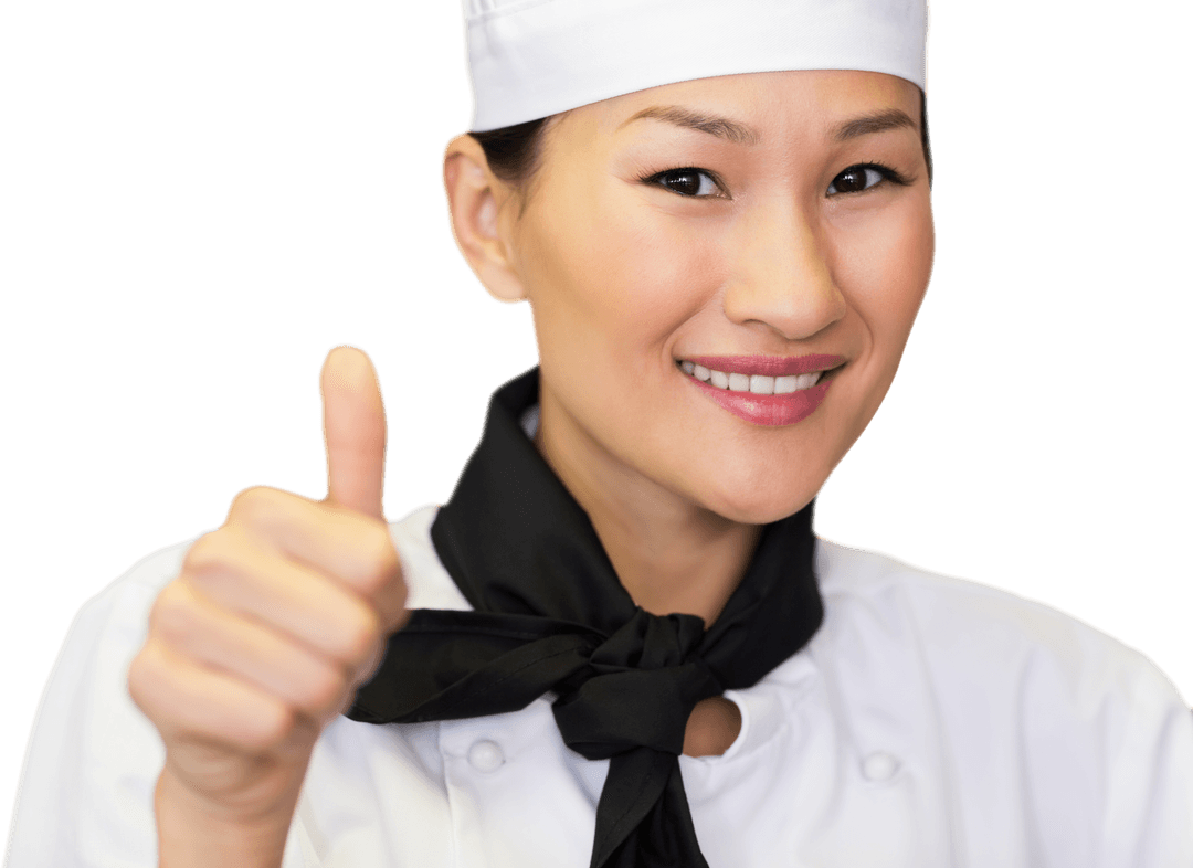 Smiling Female Chef Giving Thumbs Up on Transparent Background