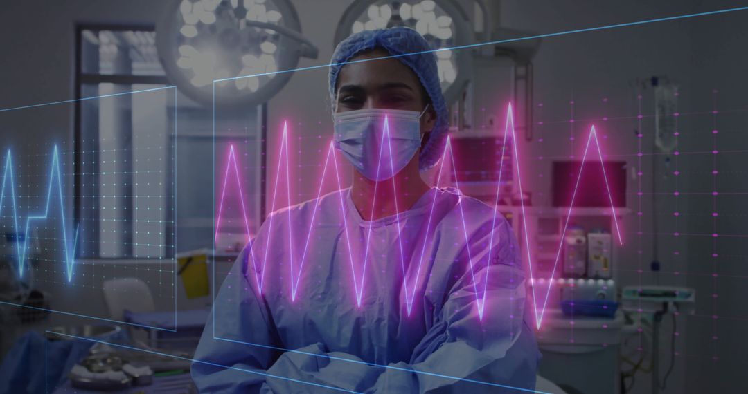 Surgeon in Operating Room with Digital Cardiograph Overlay