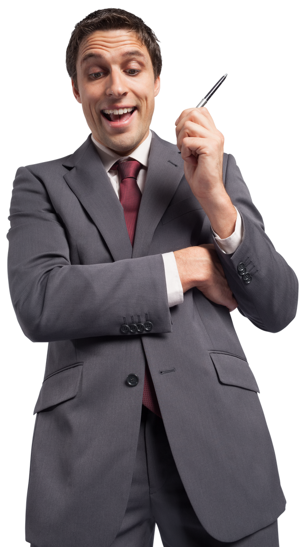 Transparent Excited Businessman Holding Pen with Arm Crossed - Download Free Stock Images Pikwizard.com