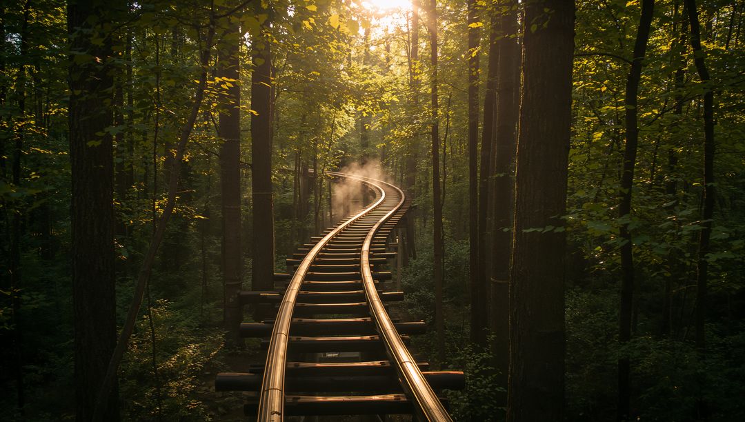 Serene Railway Path Through Dense Forest at Sunset