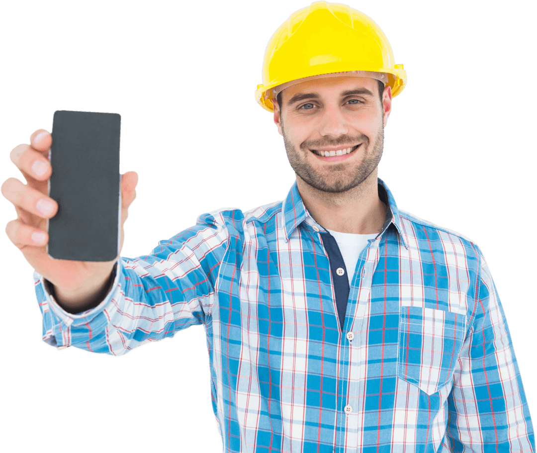 Smiling Construction Worker Holding Smart Phone Transparent Background