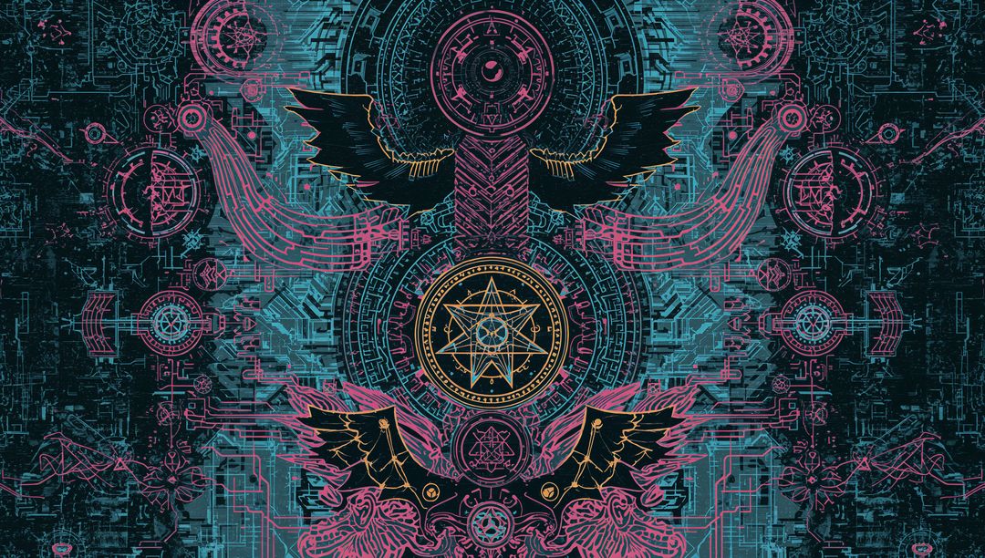 Futuristic Geometric Design with Golden Heptagram and Winged Elements