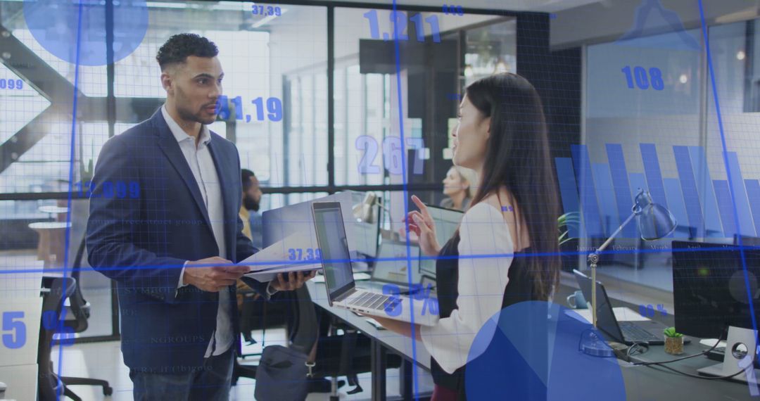 Digital Interface Overlay with Diverse Colleagues in Office Meeting