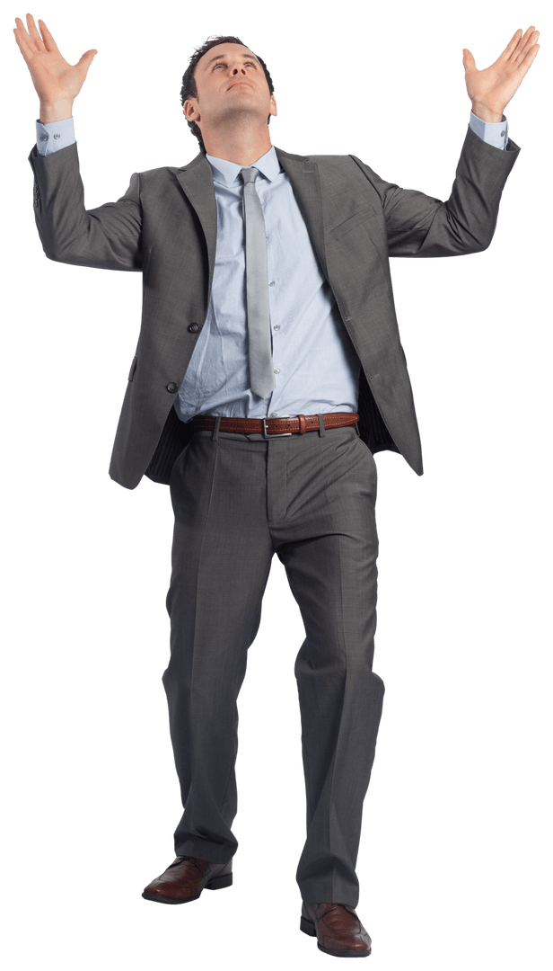 Businessman in Gray Suit Raising Arms in Excitement Transparent