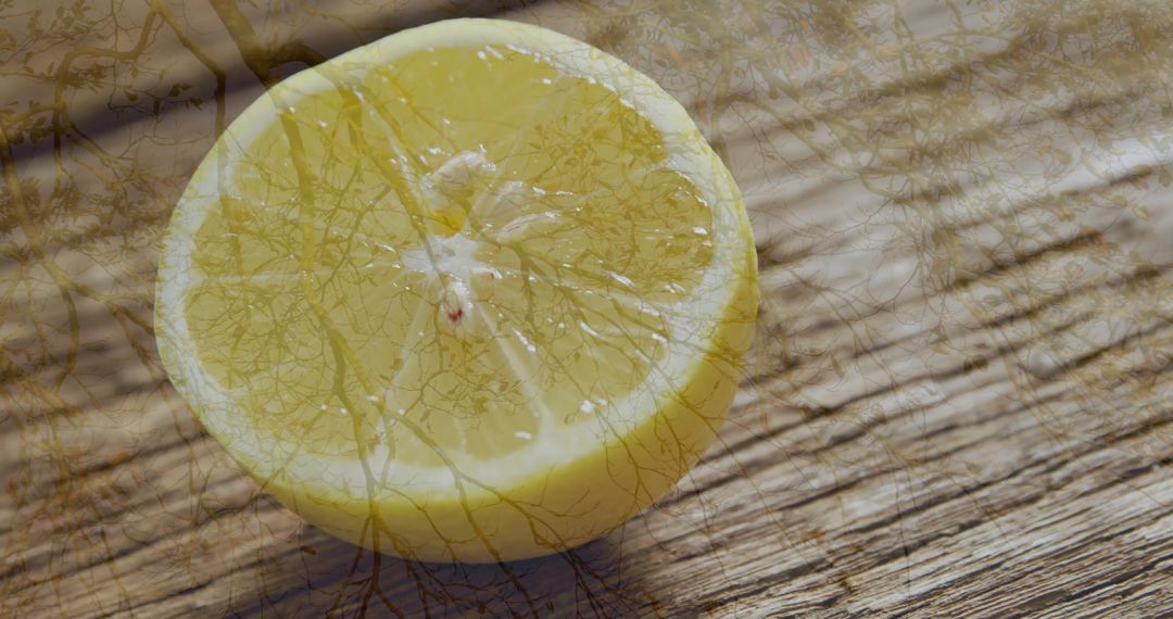 Fresh Halved Lemon with Rustic Twig Shadows on Wooden Surface