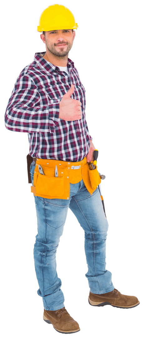 Transparent Smiling Handyman Giving Thumbs Up in Protective Gear