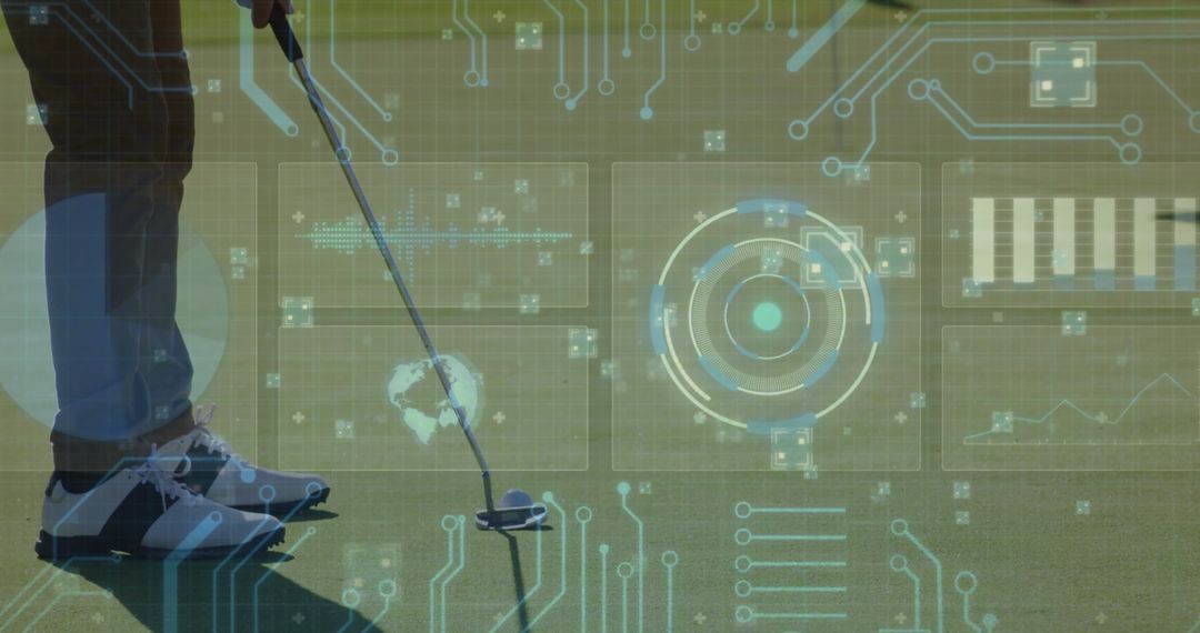 Golfer with High-Tech HUD on Putting Green, Emphasizing Innovation