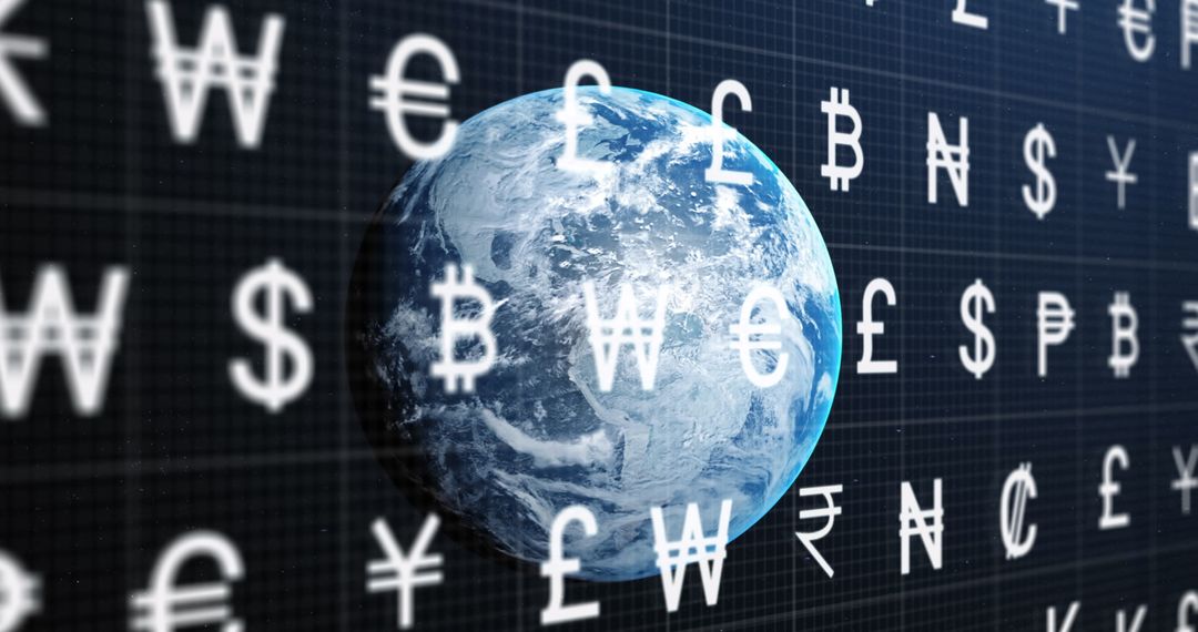Digital Currency Symbols Surrounding Globe Representation