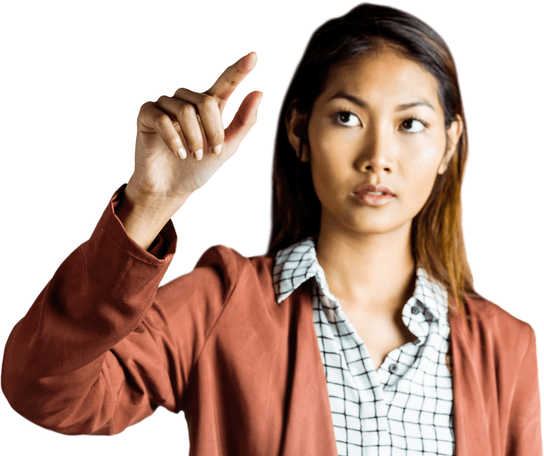Transparent Image of Focused Asian Woman Pointing Finger in Business Attire
