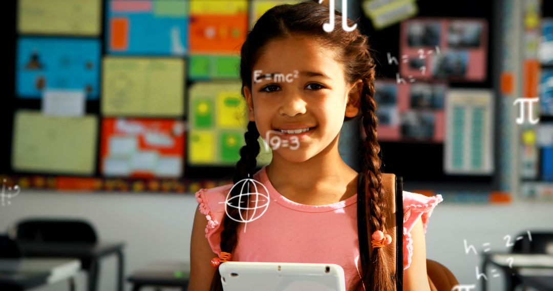 Girl Engaged in Interactive Learning with Digital Tablet and Math Icons