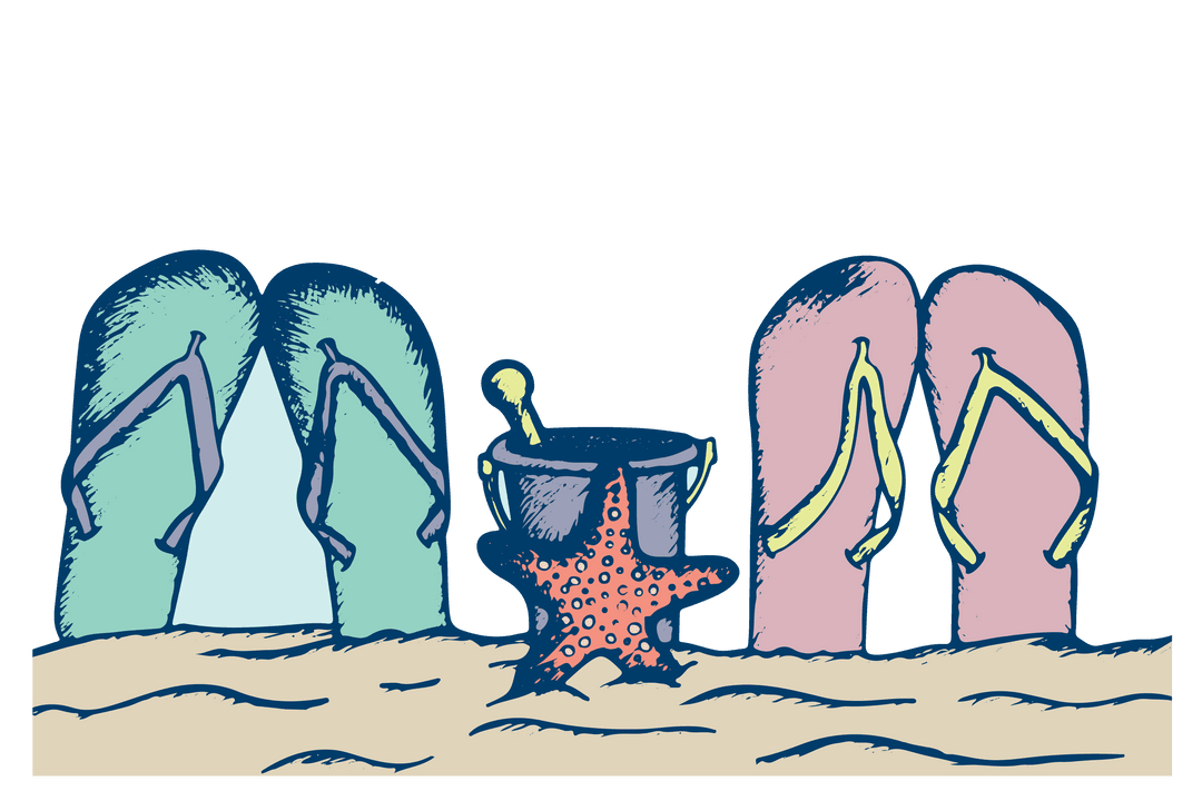 Transparent Summer Beach Scene with Flip Flops and Toys on Sand