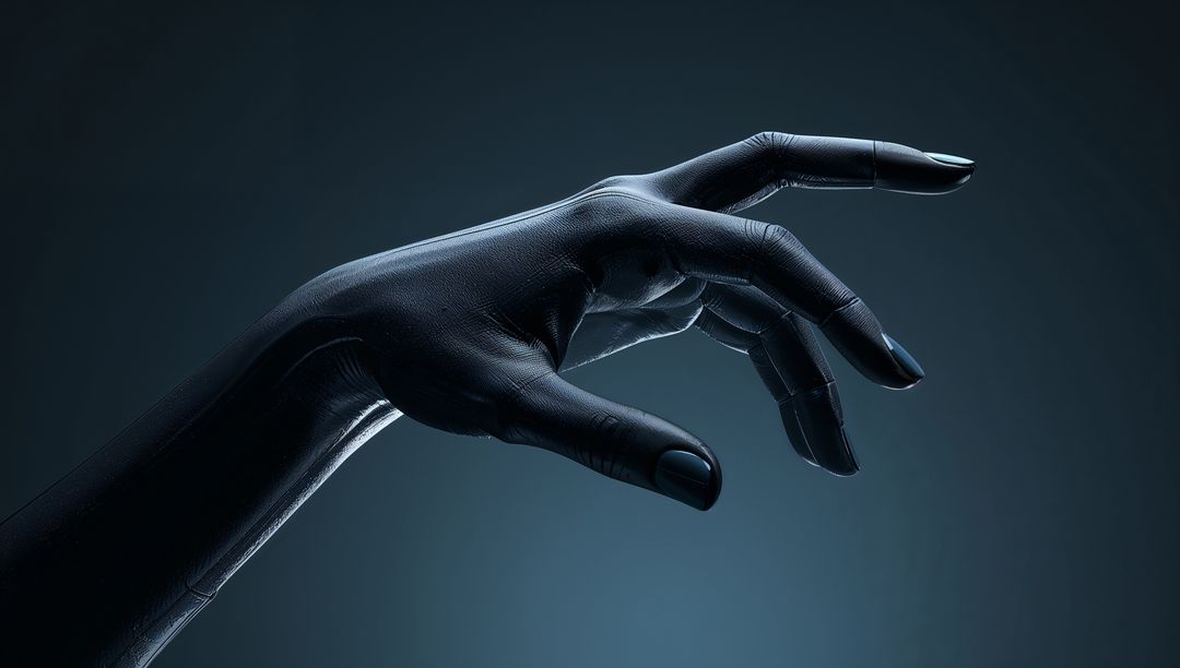 Glossy black gloved hand reaching with painted nails high-contrast minimalist composition