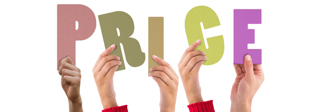 Hands holding price text on transparent background