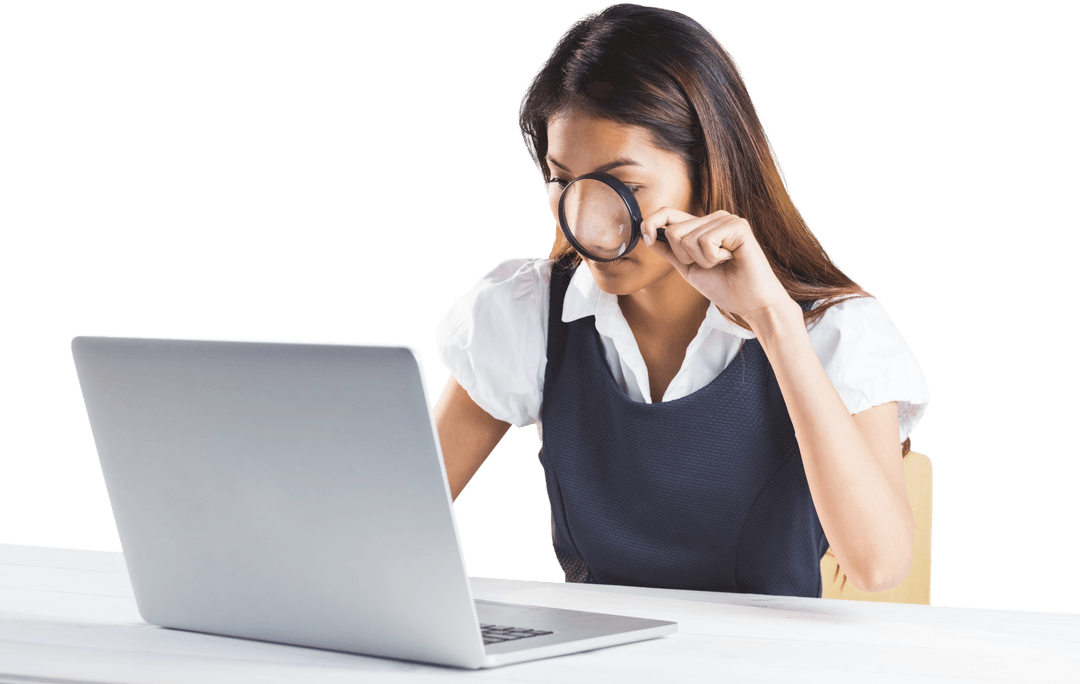 Businesswoman Analyzing Data with Magnifying Glass and Laptop Standing Out on Transparent