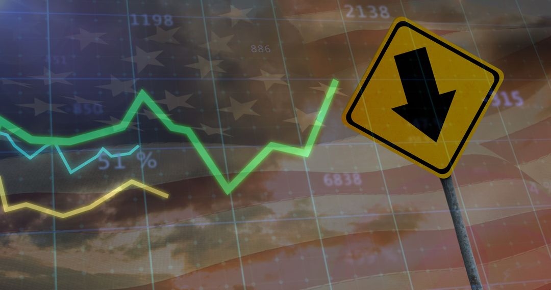 Financial Trends Overlaid on USA Flag with Warning Sign