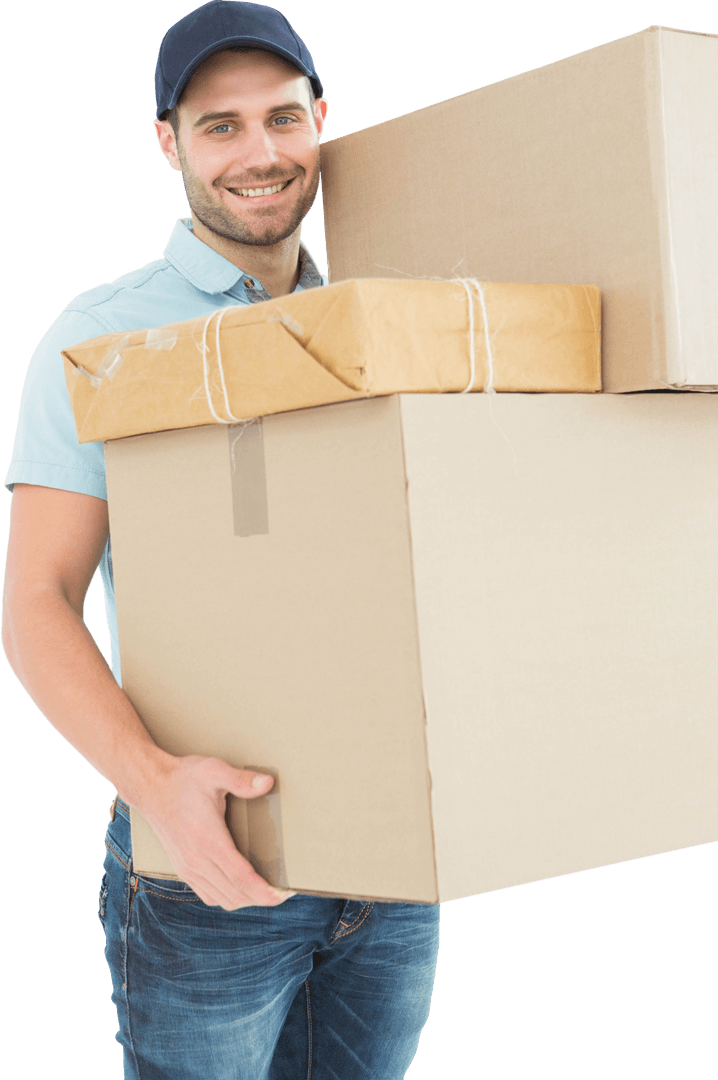 Transparent Delivery Man Holding Cardboard Boxes with Smile