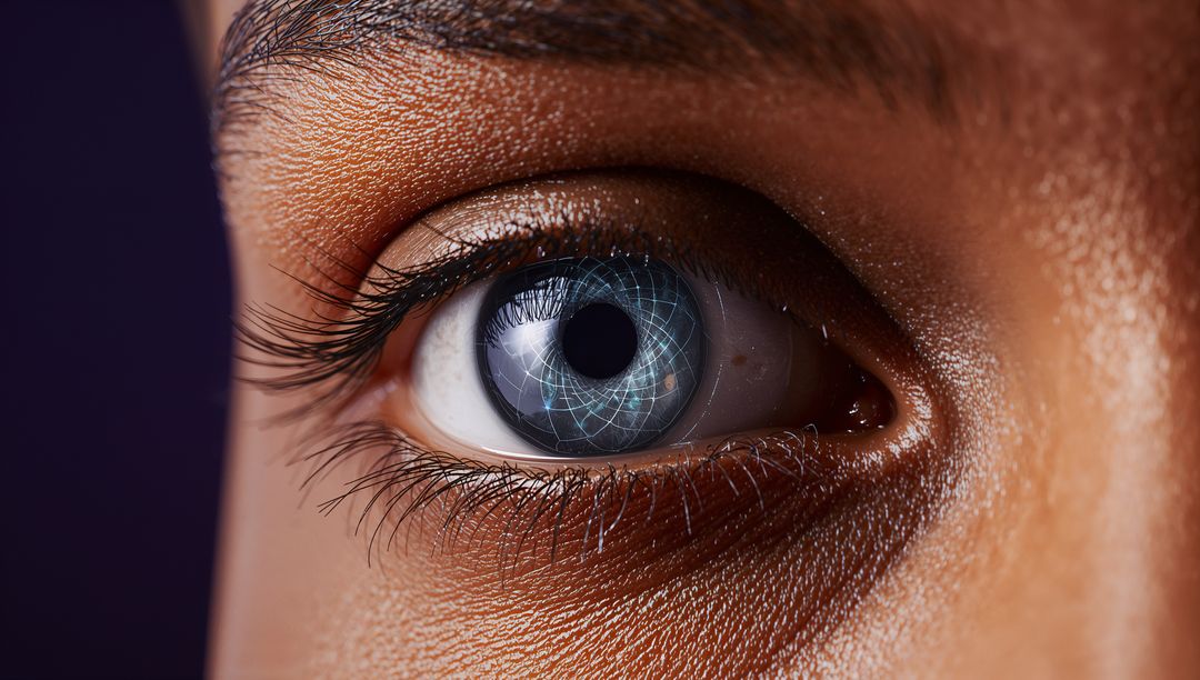 Macro human eye with biometric iris overlay illustrating AI security and authentication
