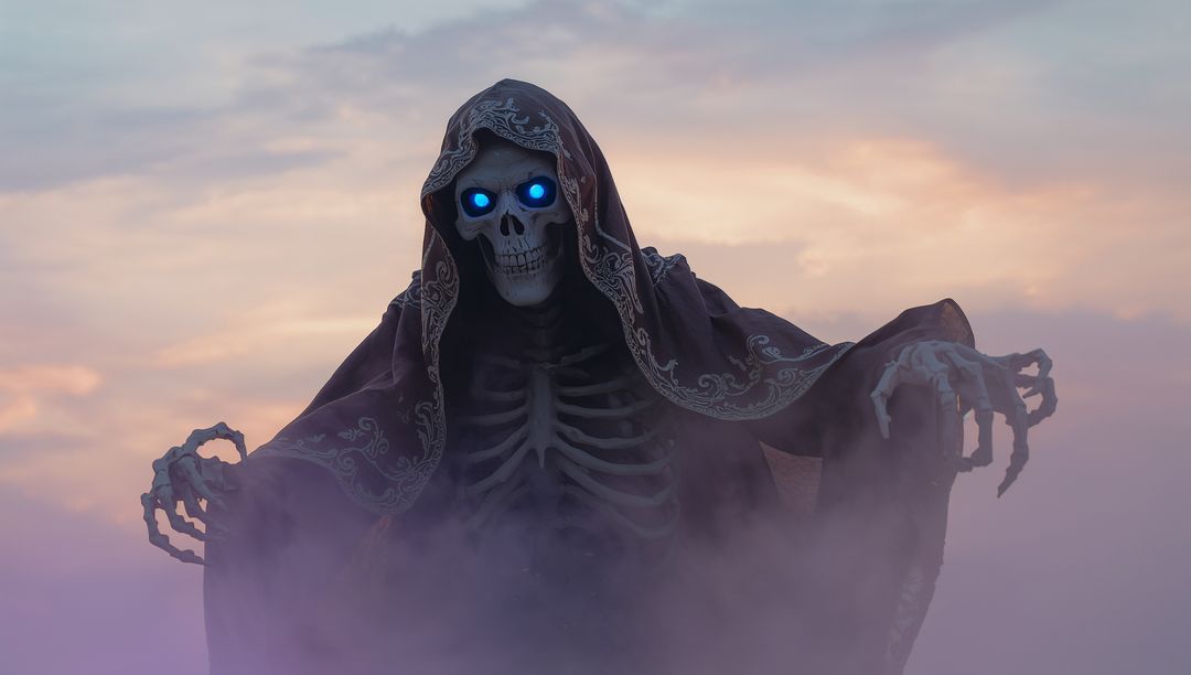 Hooded Skeletal Figure Amid Enchanting Mist at Dawn