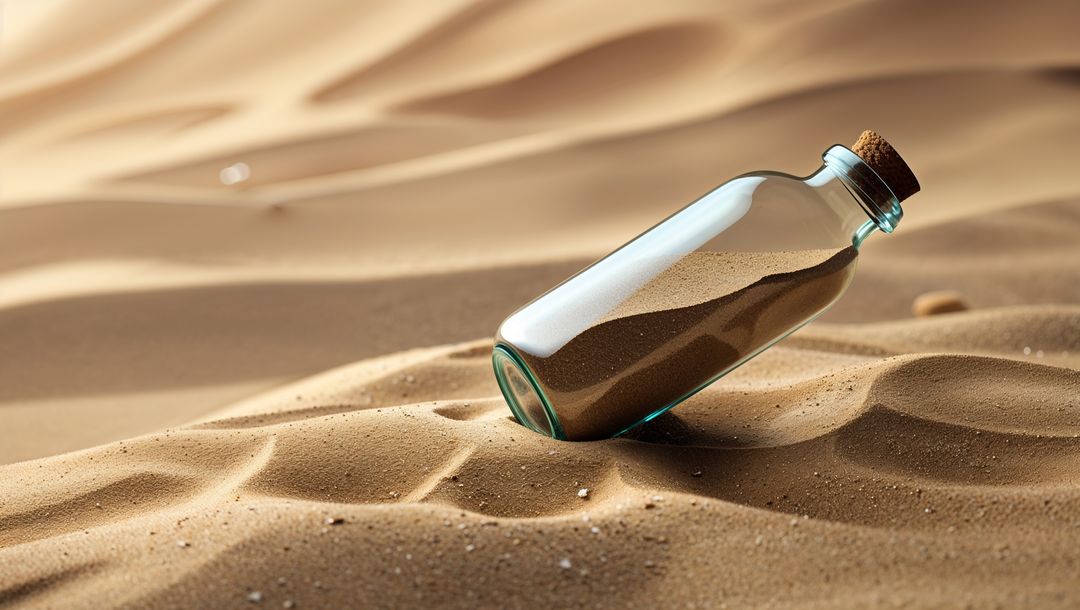Glass Bottle in Desert Sands Symbolizing Exploration and Mystery