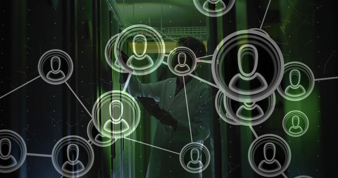 Korean Technician Analyzing Networks in Data Center with Connected Icons